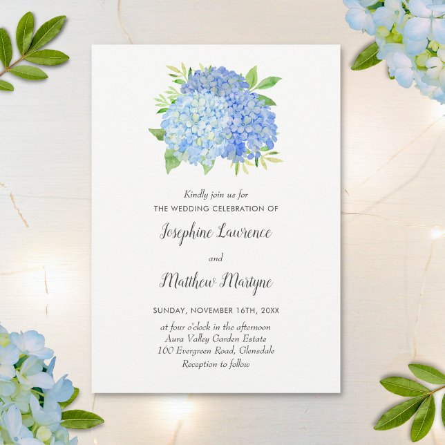 Blue Hydrangea Löv Blommigt Watercolor Bröllop Inbjudningar (Skapare uppladdad)