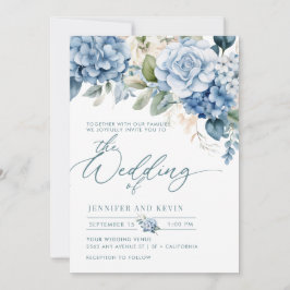 Blue Hydrangea Modern Script Blommigt Bröllop Inbjudningar