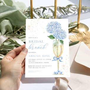 Blue Hydrangea Möhippa Brunch Guld Champagne Inbjudningar