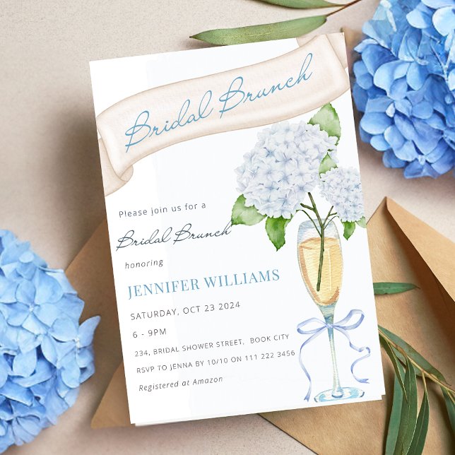 Blue Hydrangea Möhippa Brunch Möhippa Inbjudningar (Blue Hydrangea Bridal Brunch Bridal Shower Invitation)
