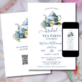 Blue Hydrangea Möhippa Tea Party QR-kod Inbjudningar