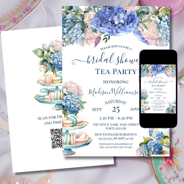 Blue Hydrangea Möhippa Tea Party QR-kod Inbjudningar (Skapare uppladdad)