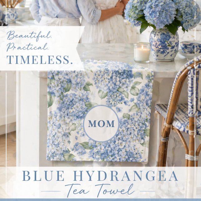 Blue Hydrangea MOM Tea Towel Coastal Gift Kökshandduk (Looking for the perfect gift for Mom? This elegant blue hydrangea tea towel is timeless and charming)