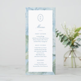 Blue Hydrangea Monogram Crest Wedding Flat Menu Meny