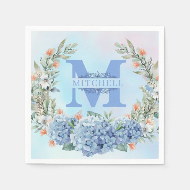 Blue Hydrangea Monogram Pappersservett (Framsidan)