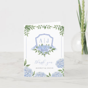 Blue Hydrangea Monogram Vapensköld Borderad Bröllo Tack Kort