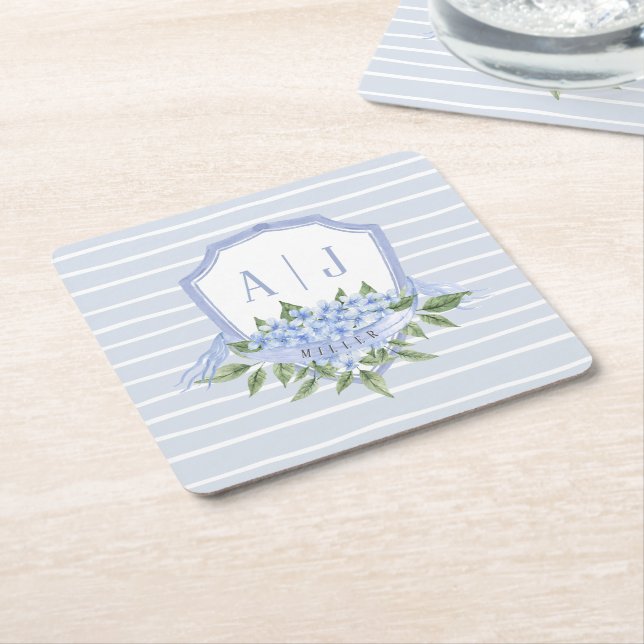 Blue Hydrangea Monogram Vapensköld med Rand Underlägg Papper Kvadrat (Vinklad)