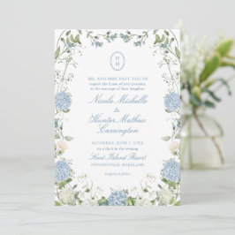 Blue Hydrangea Monogram Wedding Crest Invitation Inbjudningar