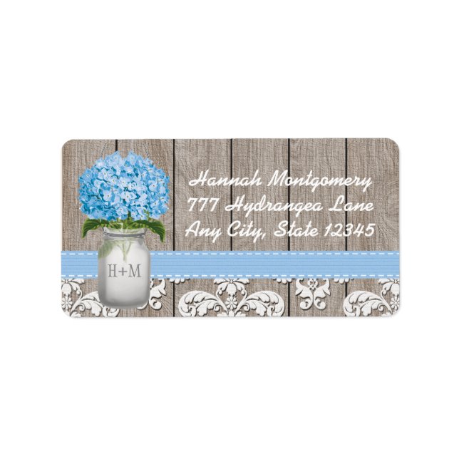 Blue Hydrangea Monogrammed Mason Burk Adressetikett (Framsidan)