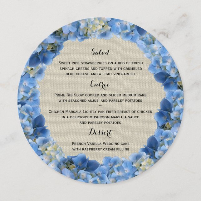 Blue Hydrangea och Burlap Round Menu Meny (Framsida)