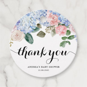 Blue Hydrangea och Rosa ros Baby Shower Tack Gåvor Etiketter