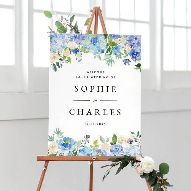 Blue Hydrangea och White Anemone Bröllop Welcome Poster (Customizable wedding welcome sign featuring watercolor blue hydrangeas and ivory roses garlands)
