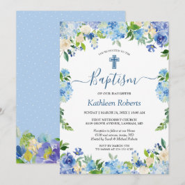 Blue Hydrangea Pastel Blommigt Baptism Christening Inbjudningar