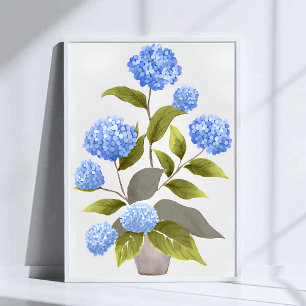 Blue Hydrangea Plant   Fin Blommigt, vattenfärg Poster