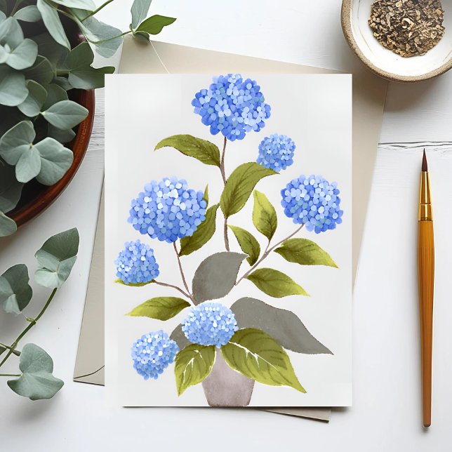 Blue Hydrangea Plant | Fin Blommigt, vattenfärg Vykort (Skapare uppladdad)