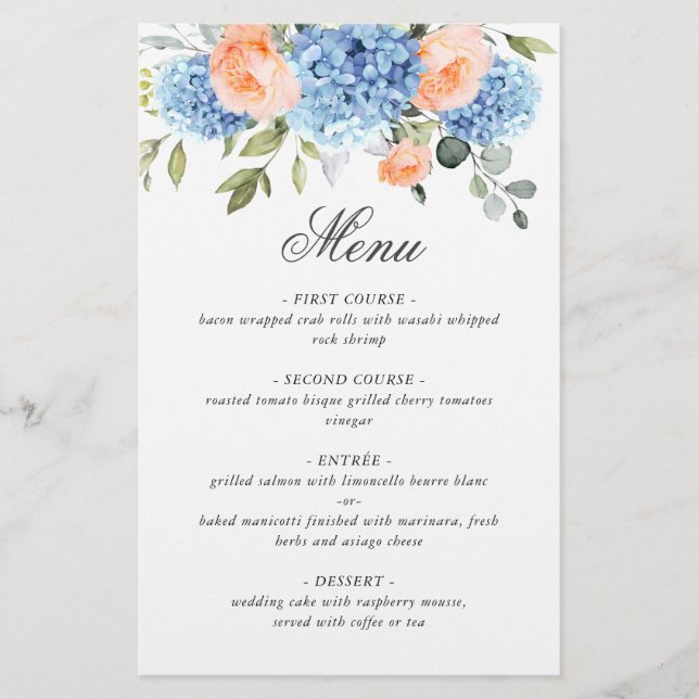 Blue Hydrangea Rosa  Ro Bröllop Menu (Framsida)