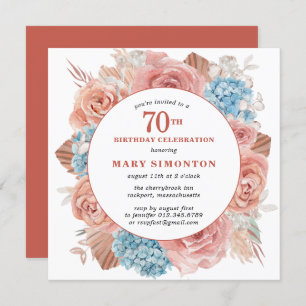 Blue Hydrangea Rosa ros Blommigt 70:e födelsedagen Inbjudningar