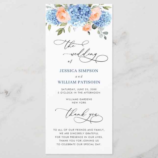 Blue Hydrangea  Rosa ros Bröllop Ceremony Program (Framsida)