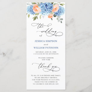 Blue Hydrangea Rosa ros Bröllop Ceremony Program