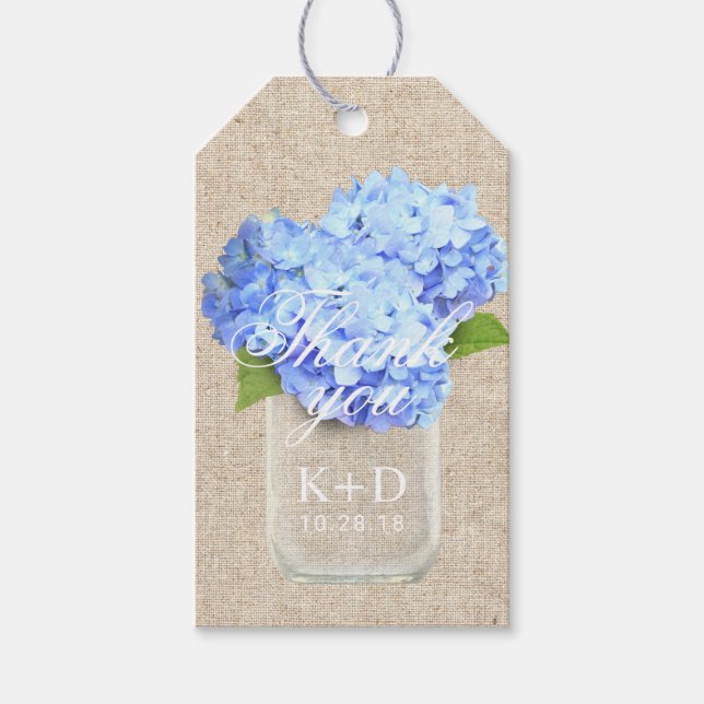 Blue Hydrangea Rustic Wedding Favor Tack Presentetikett (Framsidan)