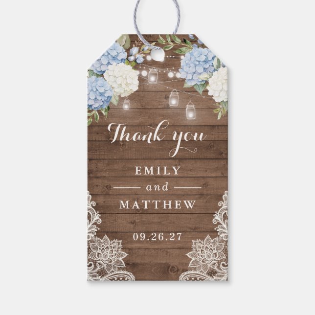Blue Hydrangea Rustic Wood Snöre String Ljus Presentetikett (Framsidan)