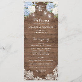 Blue Hydrangea Rustic Wood String Light Bröllop Program