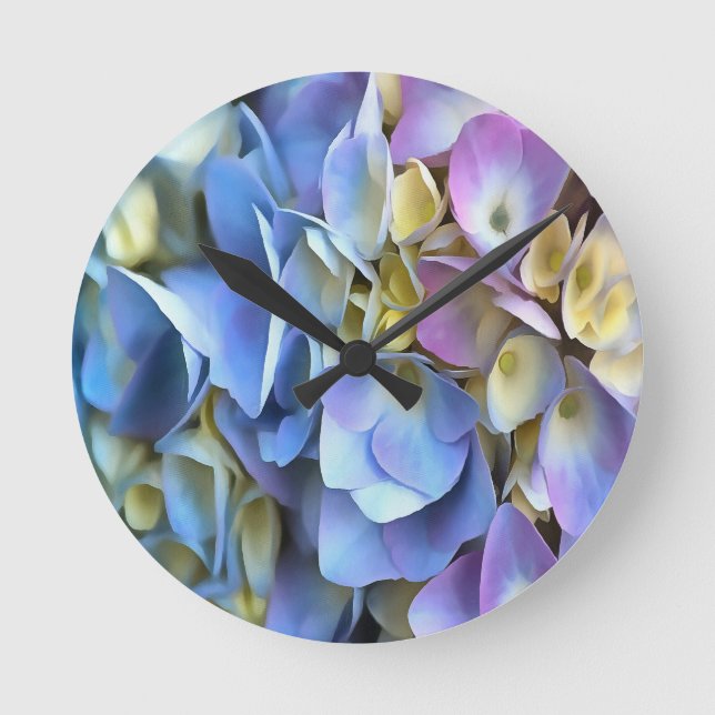 Blue Hydrangea Shrub Artistic Bossom Rund Klocka (Framsida)