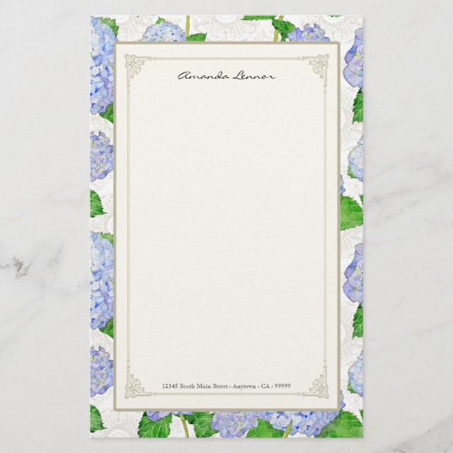 Blue Hydrangea Snöre Blommigt Forme Elegant bröllo Brevpapper (Framsida)
