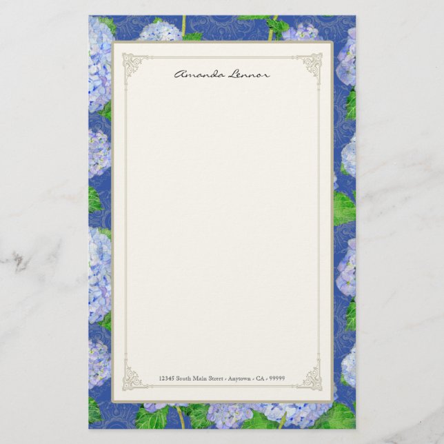 Blue Hydrangea Snöre Blommigt Forme Elegant bröllo Brevpapper (Framsida)