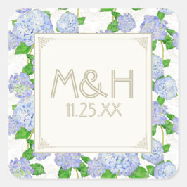 Blue Hydrangea Snöre Blommigt Forme Elegant bröllo Fyrkantigt Klistermärke