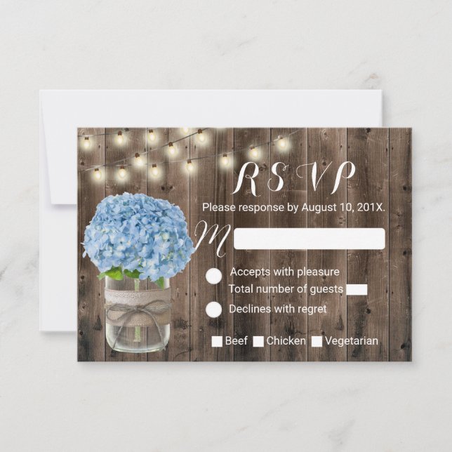 Blue Hydrangea & String Ljus Rustic Wood OSA Kort (Framsida)