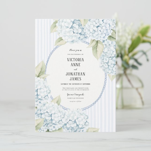 Blue Hydrangea Stripe Vintage Wedding Invitation Inbjudningar (Stående Fram)