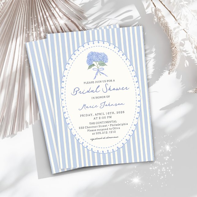 Blue Hydrangea Stripes Bridal Shower Invitation Inbjudningar (Skapare uppladdad)