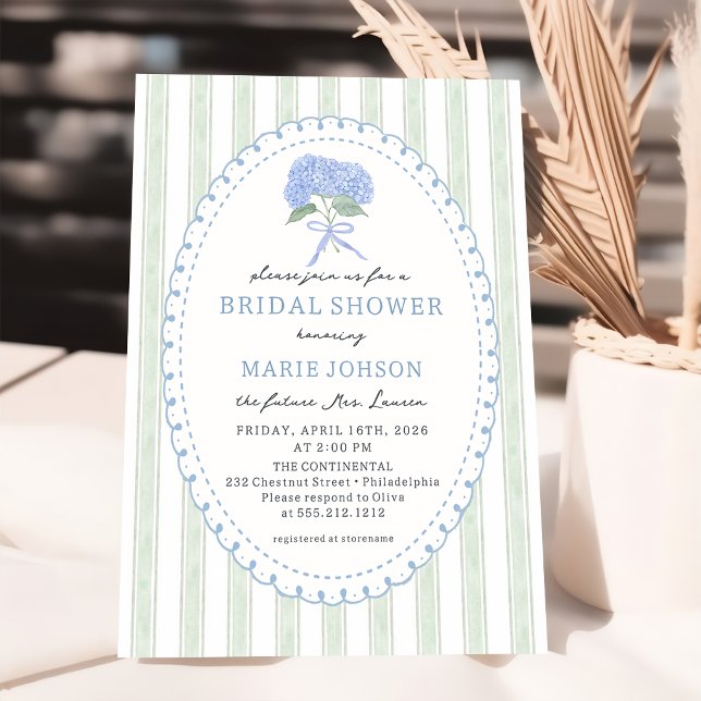 Blue Hydrangea Stripes Bridal Shower Invitation Inbjudningar (Skapare uppladdad)