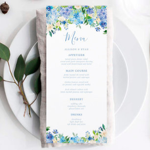 Blue Hydrangea Summer Blommigt Bröllop Menus Meny