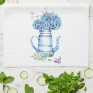 Blue Hydrangea Tekanna Farmhouse Pastel Blommigt Kökshandduk
