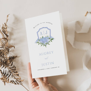 Blue Hydrangea Vapensköld Papper Booklet Bröllopsp Reklamblad