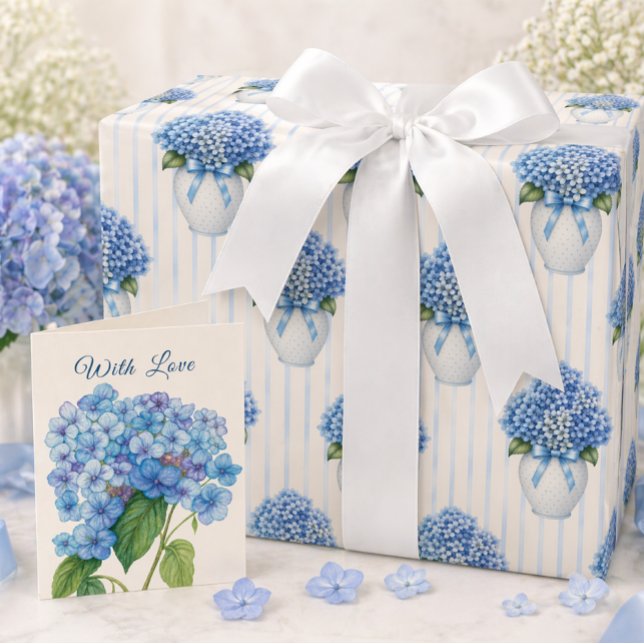 Blue Hydrangea Vase Coastal Wrapping Paper Presentpapper (Create a beautiful gift with hydrangea wrap and matching card—shop the complete look today)
