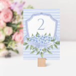Blue Hydrangea Watercolor Bröllop Vapensköld Bordsnummer<br><div class="desc">Det här vackra bordsnumret för blommigt har en vattenfärgsblå vapensköld med vattenblommor och anpassningsbar på båda sidor av kortet. Använda mallen som du vill fylla i informationen i. Du kan använda funktionen "Anpassa ytterligare" för att ändra teckensnittet (storlekt,  stil,  färg),  lägga till mer linjer text eller ändra layouten.</div>