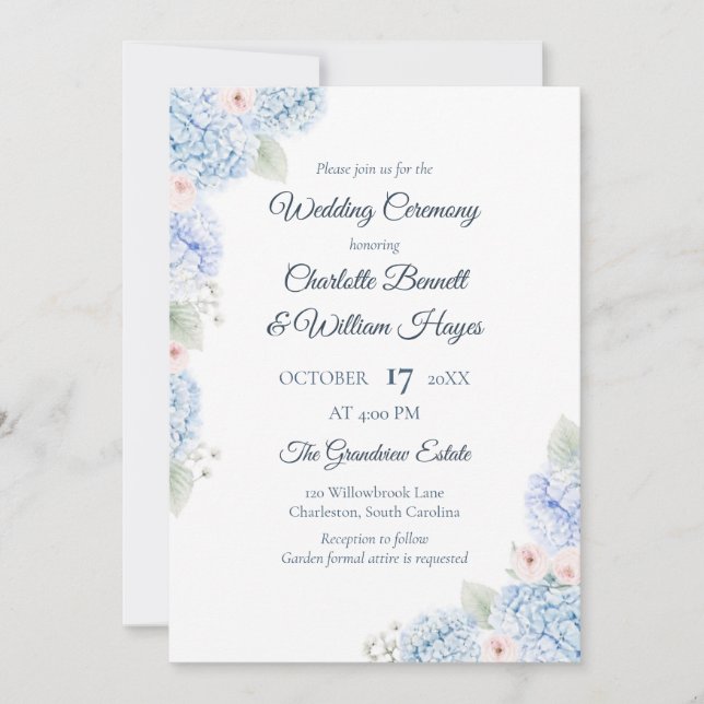 Blue Hydrangea Watercolor Floral Invitation Inbjudningar (Framsida)
