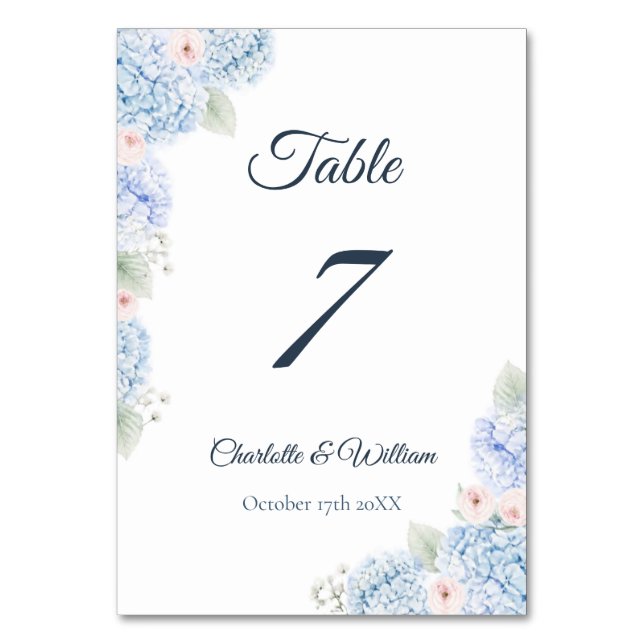 Blue Hydrangea Watercolor Floral Table Number Bordsnummer (Framsidan)