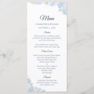 Blue Hydrangea Watercolor Floral Wedding Menu Meny