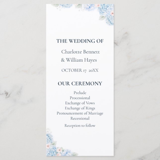 Blue Hydrangea Watercolor Floral Wedding Program (Framsida)