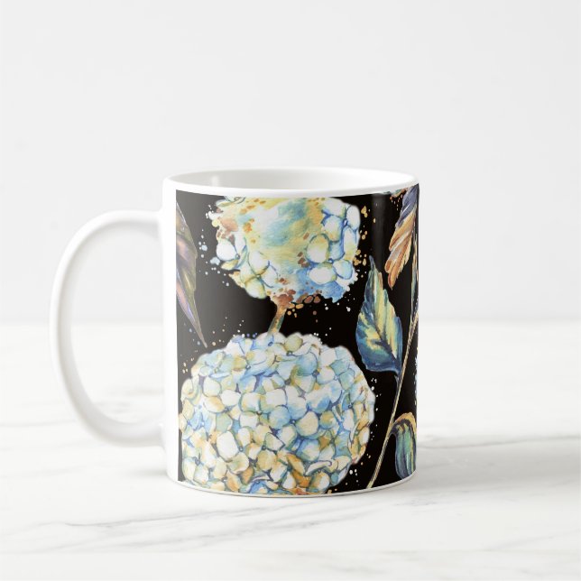 Blue Hydrangea Watercolor: Mörk Sömlös Mönster Kaffemugg (Vänster)