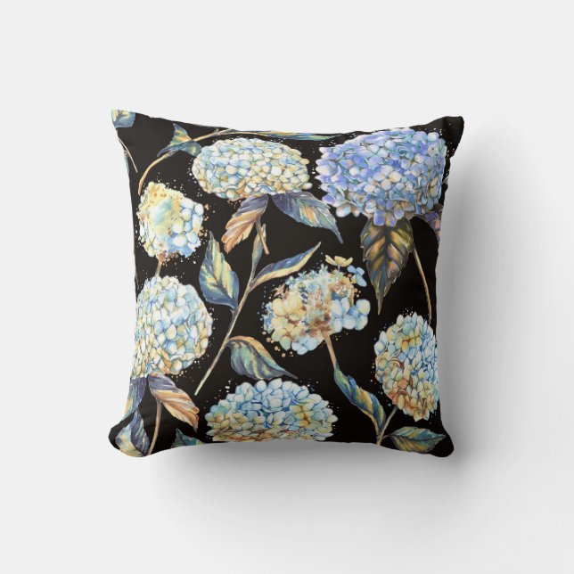 Blue Hydrangea Watercolor: Mörk Sömlös Mönster Kudde (Framsida)
