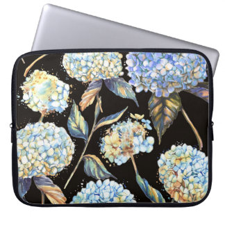Blue Hydrangea Watercolor: Mörk Sömlös Mönster Laptop Fodral