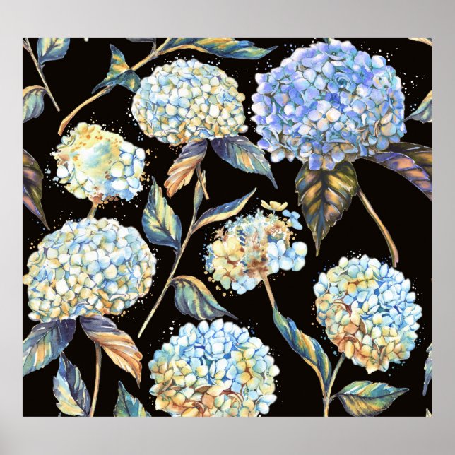 Blue Hydrangea Watercolor: Mörk Sömlös Mönster Poster (Framsidan)