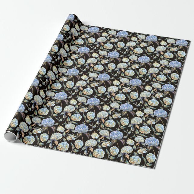 Blue Hydrangea Watercolor: Mörk Sömlös Mönster Presentpapper (Utrullad)