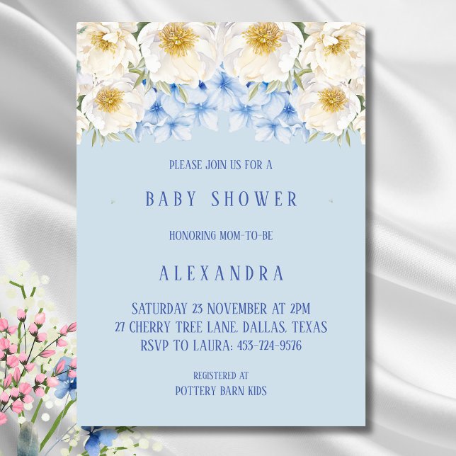 Blue Hydrangea White Blommigt Garden Baby Shower Inbjudningar (Skapare uppladdad)