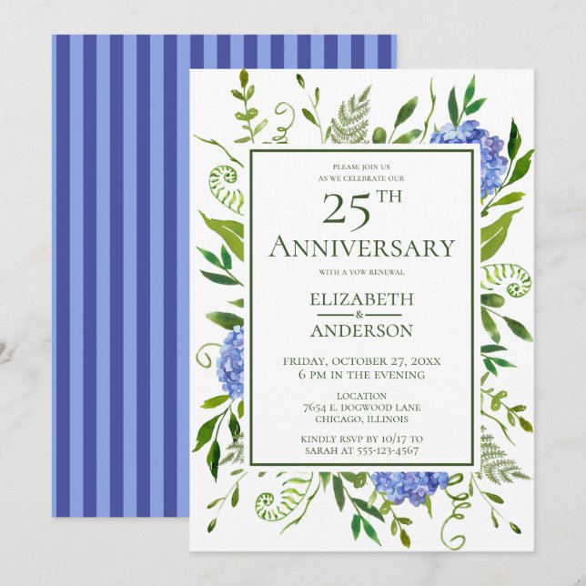Blue Hydrangeas 25-årsdagen Inbjudningar (Fram/baksida)